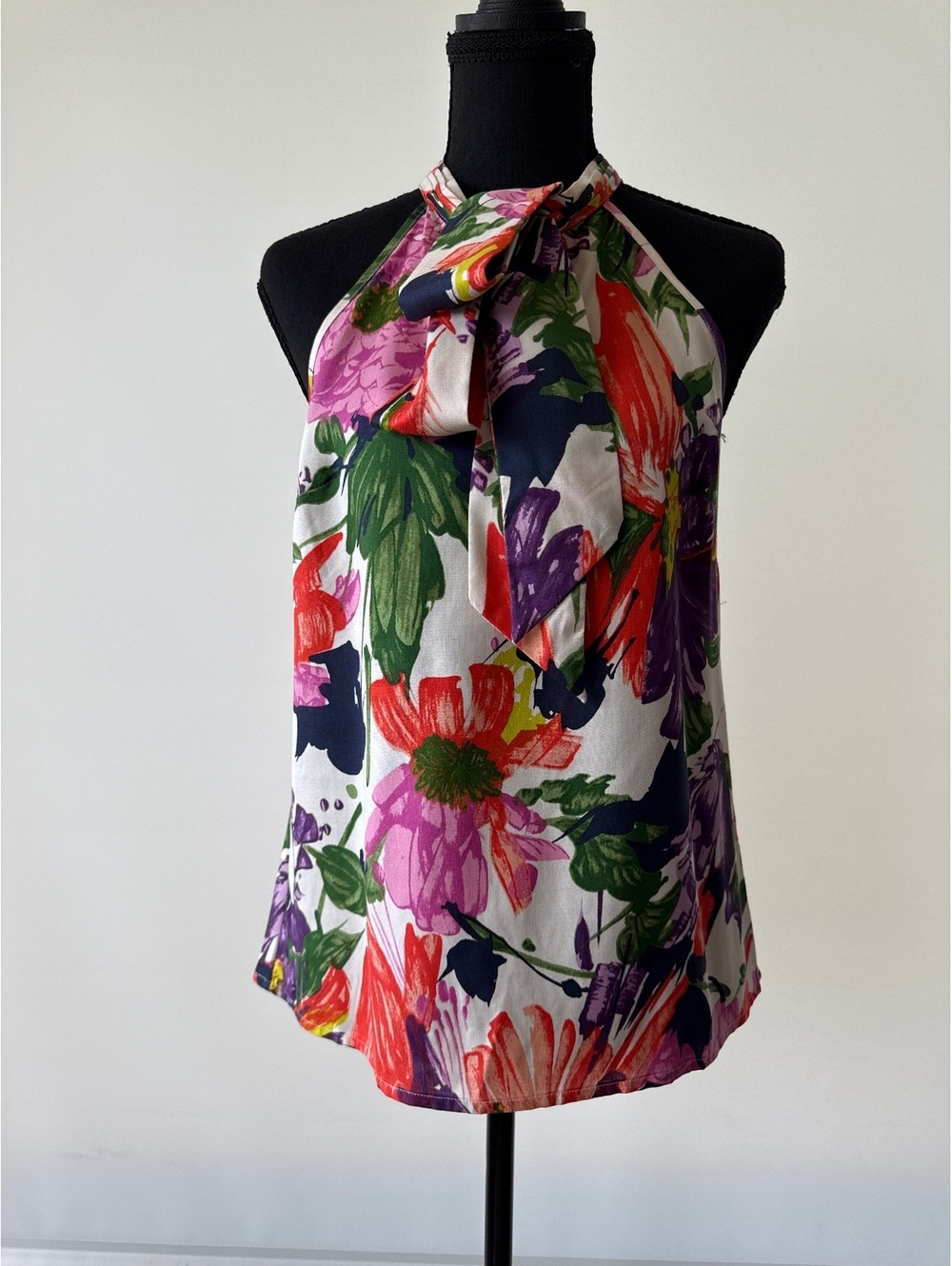 J.Crew 100% Silk Floral Halter Top Womens 2 Multicolor Bow Neck Blouse